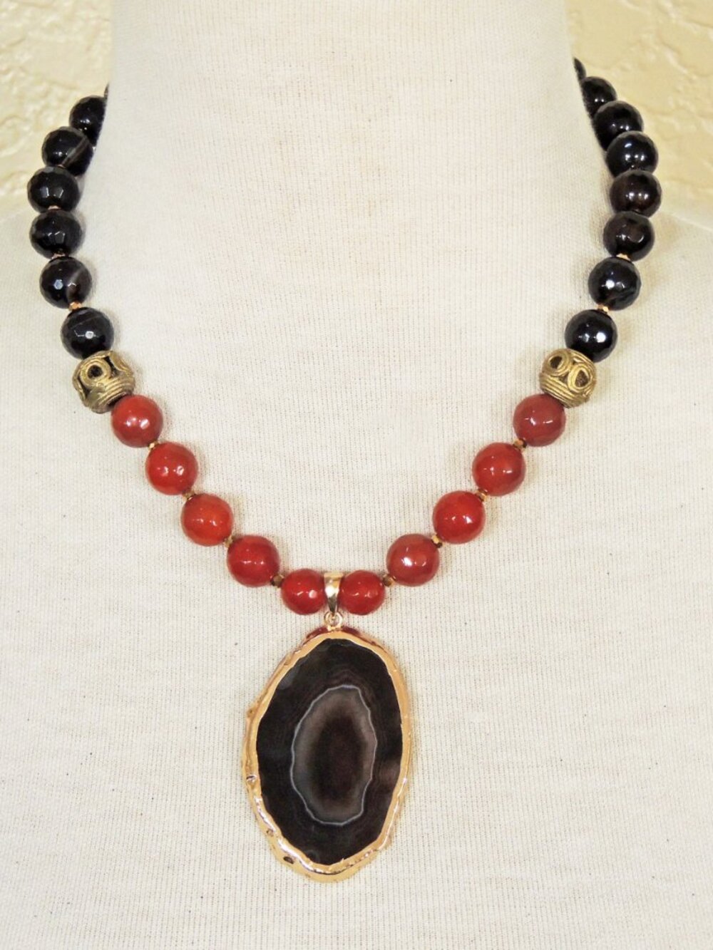 Southwestern Burnt Orange Carnelian & Black Agate Statement Pendant Necklace
